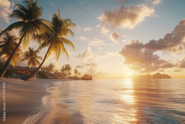 Obraz Tropical beach scene with palm trees and a vibrant sunset over the ocean