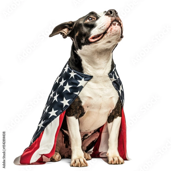 Fototapeta A smiling pit bull dog wearing an American flag cape, sitting in front of a white background.
