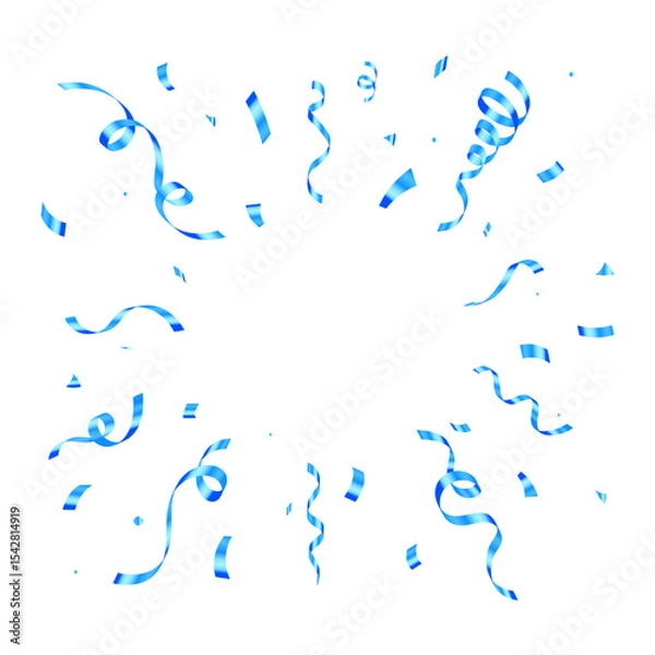 Fototapeta Blue confetti and ribbon explosion on transparent background. serpentine, ribbons vector isolated, Anniversary, celebration, luxury greeting illustration
