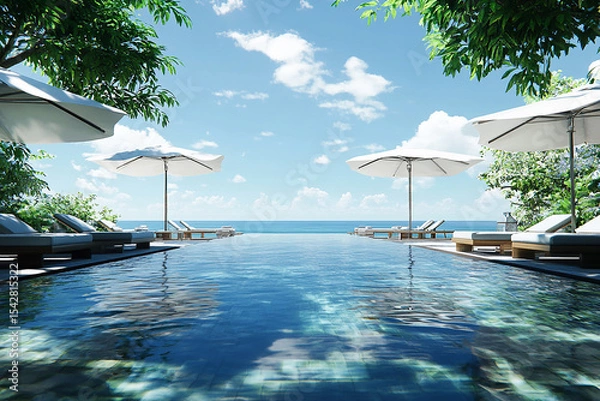 Obraz Infinity pool overlooking the ocean with sun umbrellas and lounge chairs lined up