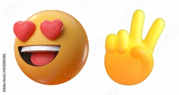 Obraz 3D rendered emoji with heart eyes and a hand making a peace sign.