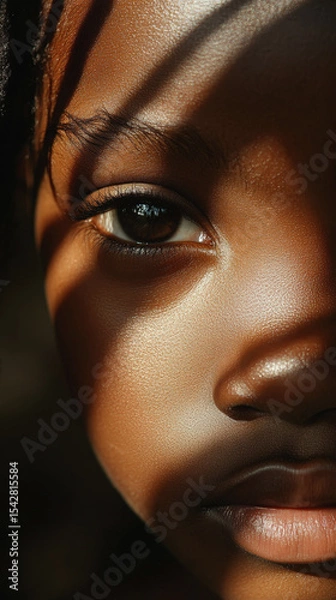 Fototapeta A powerful, dramatic close-up portrait of a young Black child. Their face is half-bathed in light and half in shadow, drawing focus to their large, soulful, and expressive dark eyes. The strong contra
