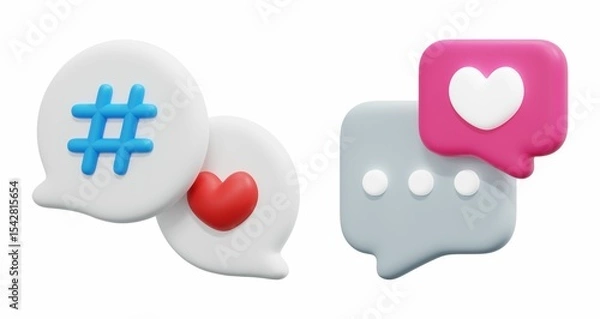 Obraz 3D rendered speech bubbles and social media icons: a hashtag, a red heart, and a message bubble with a pink heart. 