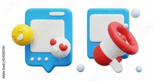 Obraz 3D rendered social media notifications: a chat bubble with an emoji and hearts, and a megaphone for announcements. 
