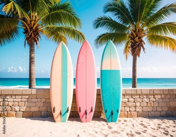 Obraz 여름날 해변 야자수와 그 사이에 파스텔 톤의 서핑보드 Summer day beach palm trees and pastel colored surfboards between them
