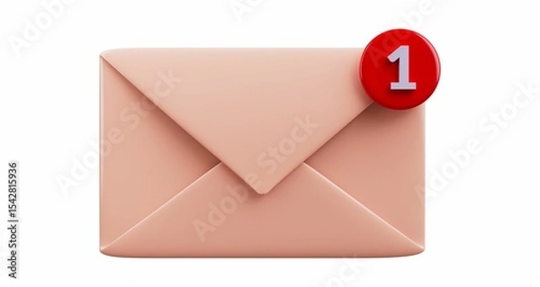 Obraz 3D rendered closed envelope with a red notification badge showing "1" new message. 