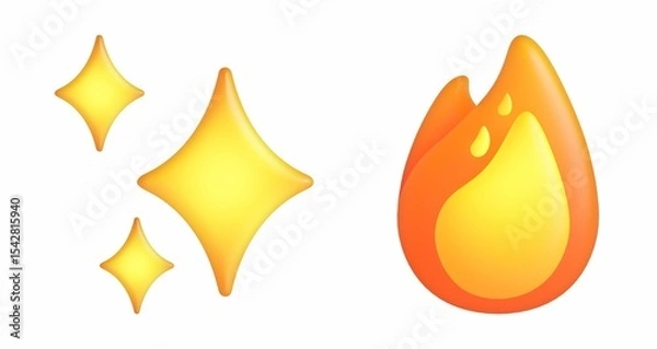 Obraz 3D rendered set of sparkling stars and a vibrant flame emoji.