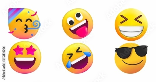 Obraz A collection of cheerful 3D rendered emoji faces expressing various emotions: party, joy, laughter, stars, and cool. 