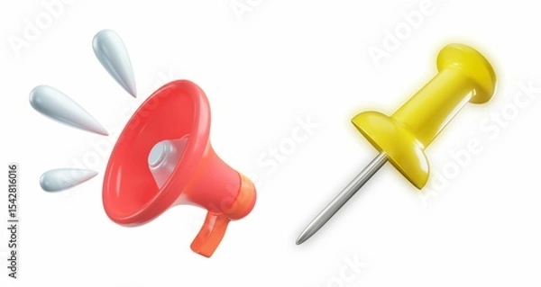 Obraz 3D rendered red and orange megaphone with sound waves, and a yellow pushpin.
