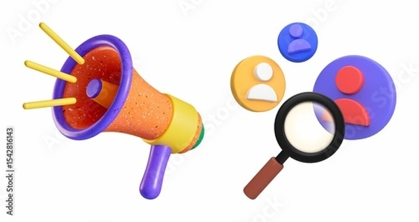 Obraz 3D rendered colorful megaphone alongside user profile icons and a magnifying glass. 
