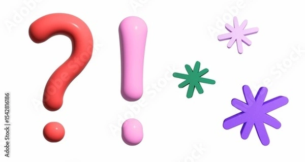 Obraz Bold 3D rendered punctuation marks: a red question mark and a pink exclamation mark, alongside colorful abstract stars.