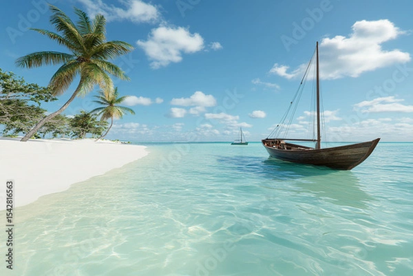 Obraz A boat sailing near a tropical beach with palm trees and clear blue water