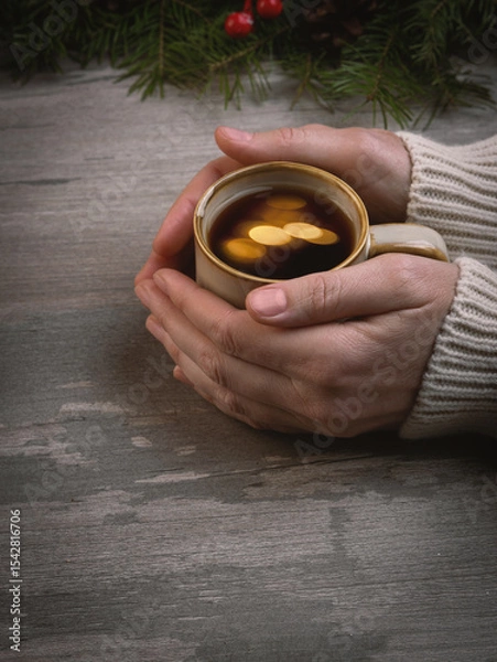 Fototapeta Christmas vibes. Female hands in a white sweater hold a coffee mug with golden bokeh n on a wooden table, vertical image.