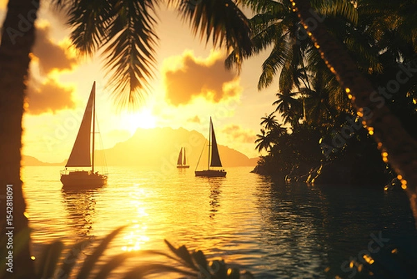 Obraz Sailboats at sea during golden hour framed by palm trees and foliage