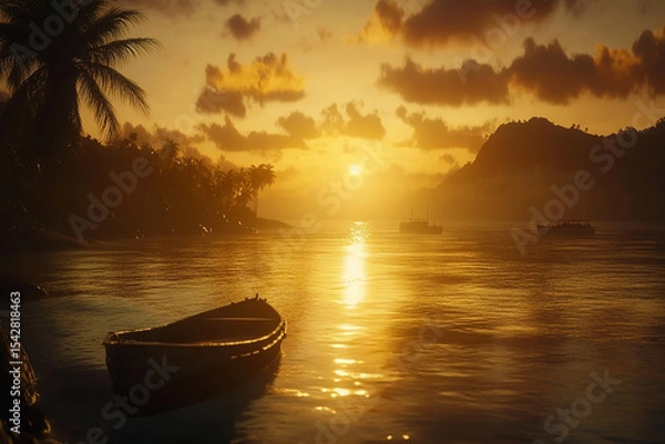 Obraz A boat on the water at sunset with palm trees and a mountain in the distance