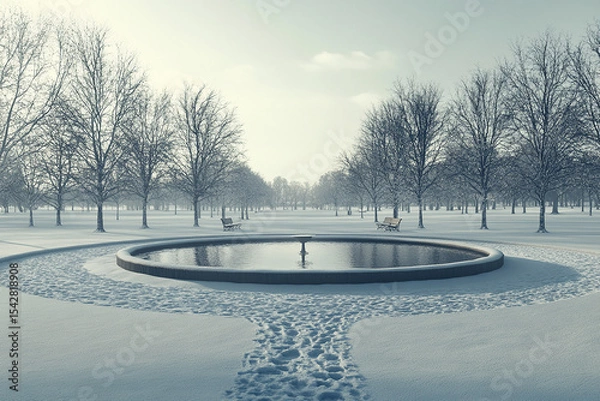 Obraz A winter landscape with a circular pond and snow covered ground and trees near