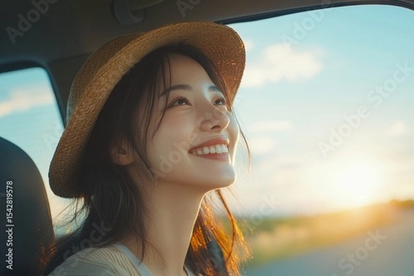 Fototapeta Happy Asian woman driving car to journey vacation destination., Generative AI