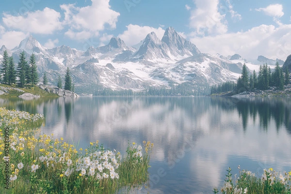 Obraz Scenic view of snow capped mountains reflecting on the calm lake water