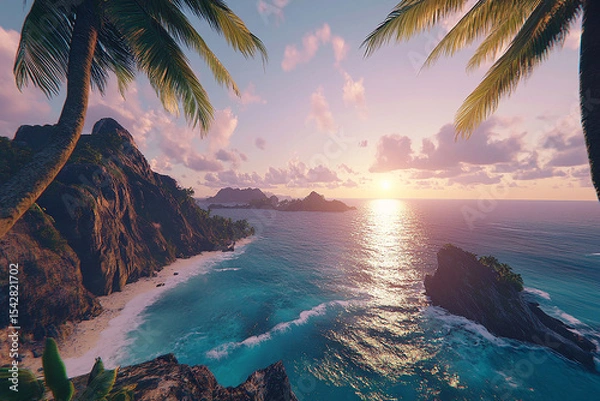 Obraz Tropical island sunset view with palm trees and turquoise ocean waves scene