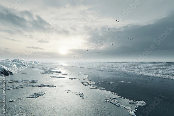 Obraz Aerial view of icy beach with snow covered cliffs and birds flying above