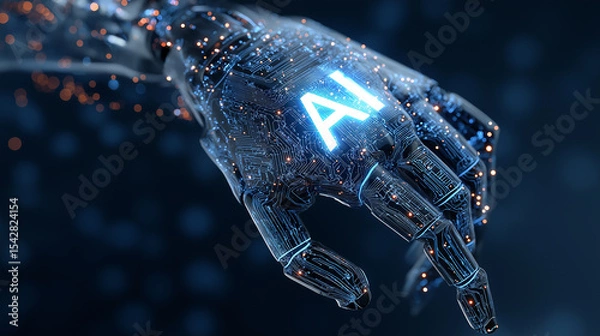 Obraz AI abbreviation in robot hand on dark blue background with electric circuit board pattern