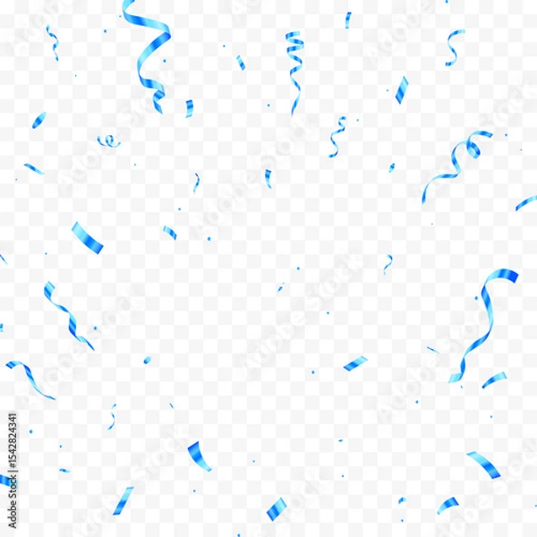 Fototapeta Celebratory Blue Confetti and Ribbon Streamers Falling on a Transparent Background Illustration.