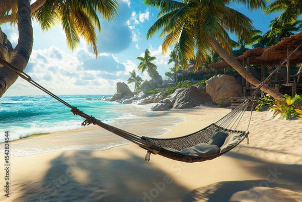 Obraz Hammock hanging between palm trees on a tropical beach with blue ocean view
