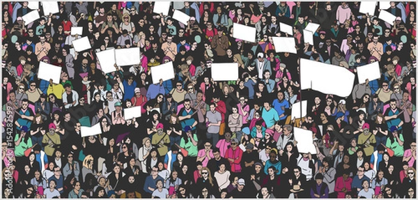 Fototapeta Illustration of crowd protesting for human rights with blank signs and flag