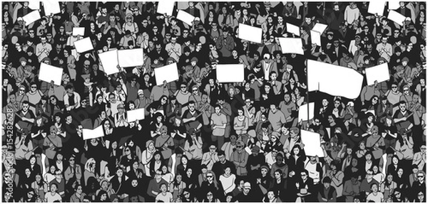 Fototapeta Illustration of crowd protesting for human rights with blank signs and flag