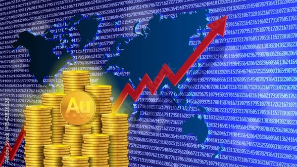 Fototapeta Vector economic poster. 3d stacks of glowing golden coins, world map and red up arrow. Blue digital background. Finance and savings