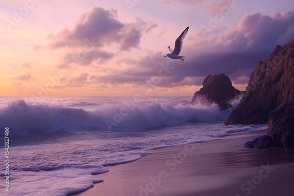 Obraz A seagull flies over a beach with waves crashing against rocks at sunset