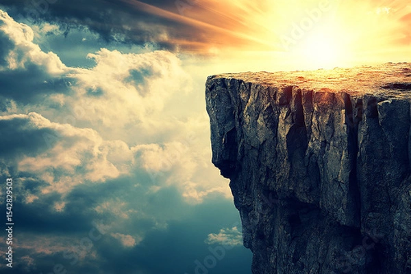 Obraz A rocky cliff overlooking a cloudy sky with a bright sun shining above it