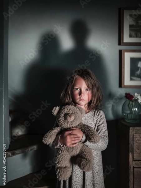 Obraz A real dramatic photograph of a little girl standing indoors in dim, moody lighting, holding a soft beige teddy bear close to her chest. 