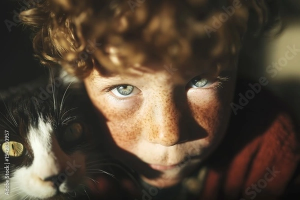 Obraz A real photograph of a young boy with curly auburn hair, intense blue eyes, and a freckled face, closely pressed cheek-to-cheek with a black and white cat. Both the boy and the cat are lit by a warm