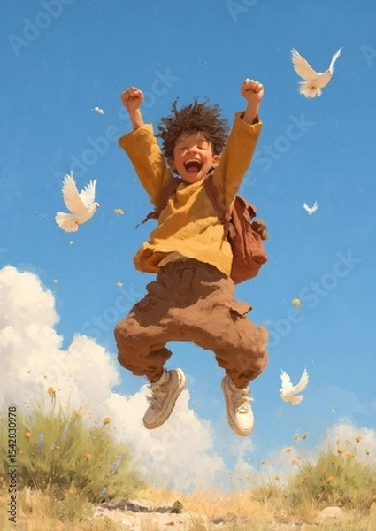 Obraz A digital oil painting-style illustration of a joyful young boy jumping into the air with arms raised in pure excitement. 