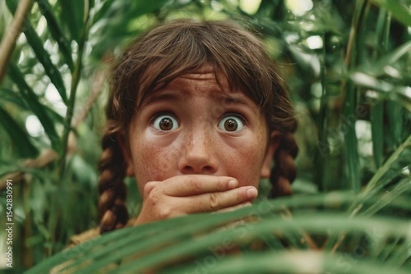 Obraz A real photograph of a young girl with long brown hair in braids and freckles on her face, hiding among dense green jungle leaves. Her eyes are wide open in surprise