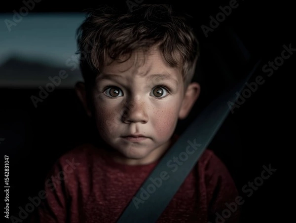 Obraz A real photograph of a young boy with expressive hazel eyes, light freckles, and tousled brown hair, sitting in the back seat of a car. 