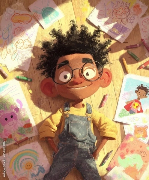 Obraz A stylized digital illustration of a cheerful cartoon boy lying on a wooden floor, surrounded by colorful crayon drawings.