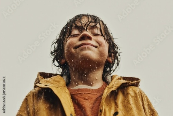 Obraz A realistic close-up portrait of a joyful child standing in the rain, wearing a mustard yellow raincoat and an orange sweater underneath. 