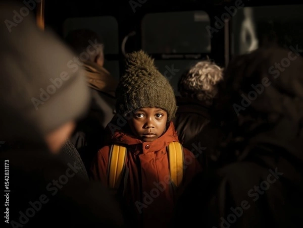 Obraz A realistic photograph taken inside a dimly lit, crowded city bus at night. In the center stands a young boy with dark skin and wide eyes, wearing a thick olive green knit hat with a pom-pom