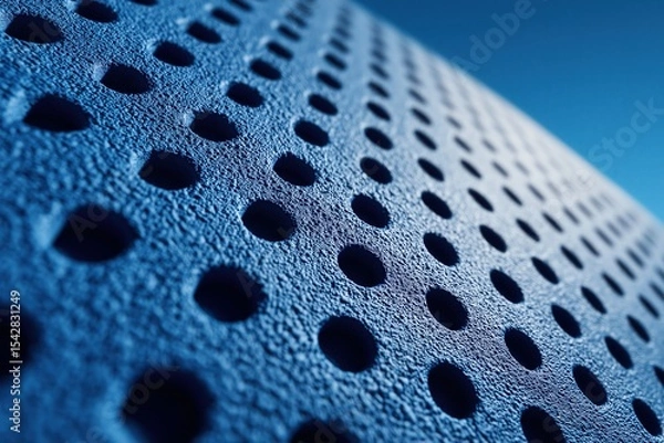 Obraz A macro photograph of a perforated blue synthetic surface, showing evenly spaced circular holes across a textured material. The surface has a matte finish with a fine