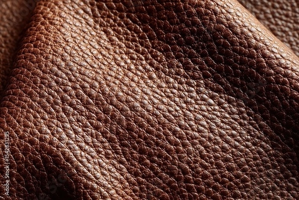 Obraz A high-resolution macro photograph of warm brown synthetic leather, showing a highly detailed pebbled texture with visible grain and natural-looking folds. 