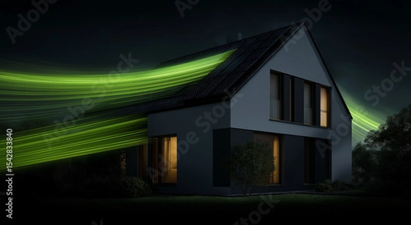Fototapeta A modern house at night with illuminated windows, surrounded by flowing green light streaks creating a futuristic, dynamic effect.