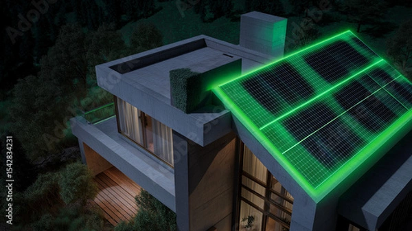 Obraz Modern house with illuminated green solar panels on the roof, highlighting sustainable energy use at night.