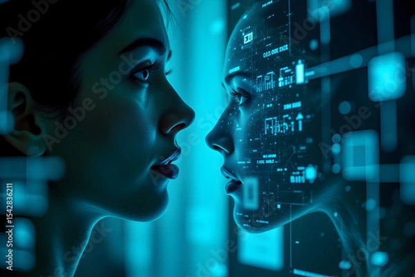 Fototapeta Specialist calibrating voice cloning concepts with augmented reality in a high-tech lab environment