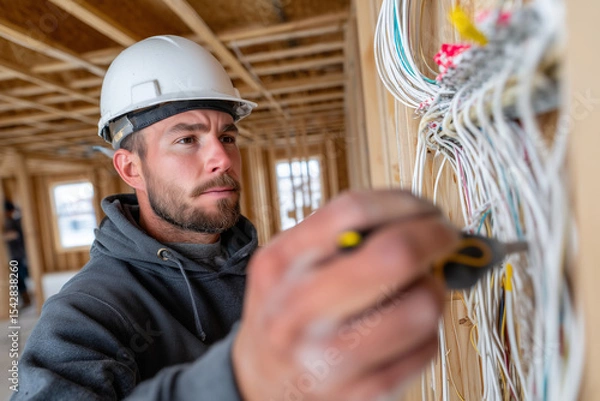 Fototapeta Electrician installing wires in a new home under construction