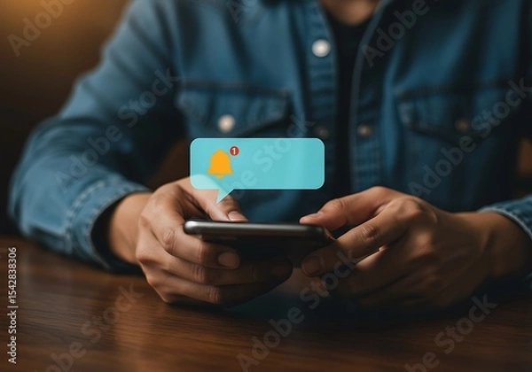 Fototapeta Man is Using Smartphone with Notification Pop-up Over the Screen