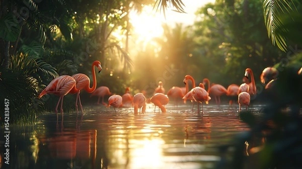 Obraz Flamingo framed by tranquil mist lake high resolution picture