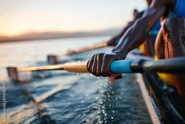Fototapeta Close up, Mixed race rowing team training on a lake at dawn