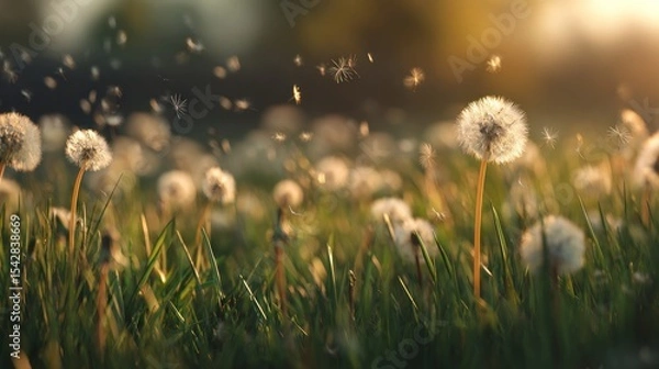 Obraz Dandelion Seeds Blowing in the Breeze Over a Sunlit Meadow